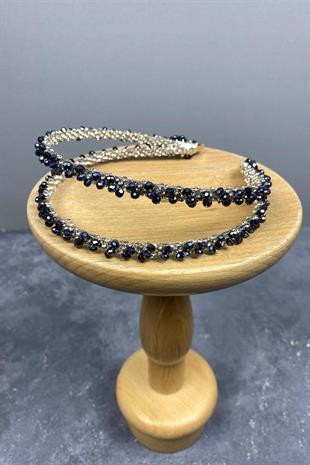 Wholesale Navy Blue Design Beaded Handmade Dahlia Double Row Bridal Crown
