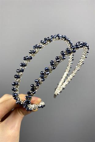 Wholesale Navy Blue Design Beaded Handmade Dahlia Double Row Bridal Crown