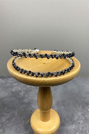 Wholesale Navy Blue Design Beaded Handmade Dahlia Double Row Bridal Crown