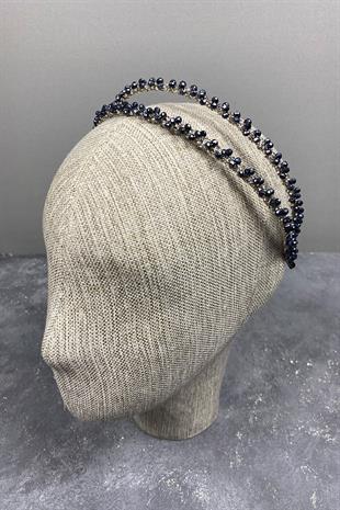 Wholesale Navy Blue Design Beaded Handmade Dahlia Double Row Bridal Crown