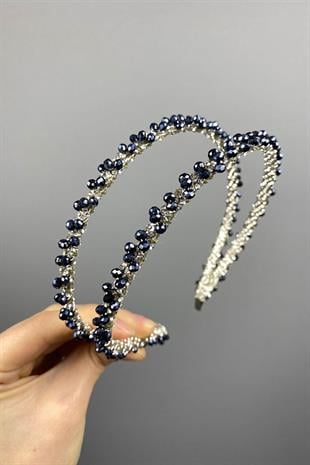 Wholesale Navy Blue Design Beaded Handmade Dahlia Double Row Bridal Crown