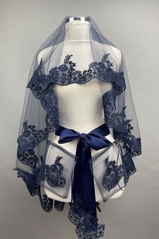 الجملة الأزرق الداكن فينوس الدانتيل الزفاف الحجاب الحناء غطاء الوجه