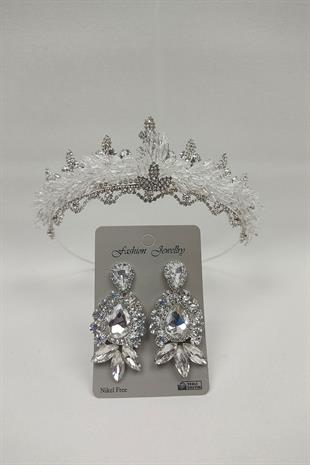 الجملة المكوك تاج الزفاف اللوز مطرز والأقراط حجر قطرة المكوك