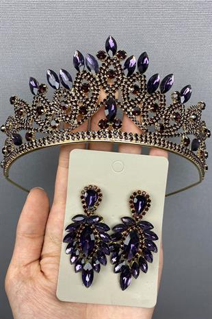 الجملة الذهب الأرجواني الزفاف تاج الحناء والأقراط