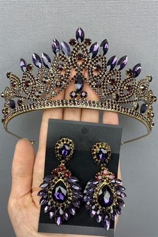 الجملة الذهب الأرجواني الزفاف تاج الحناء والأقراط