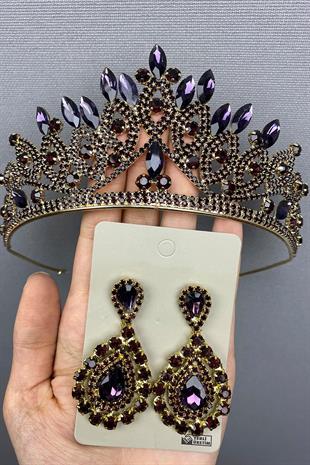 الجملة الذهب الأرجواني الزفاف تاج الحناء والأقراط