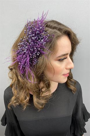 الجملة الكريستال الأرجواني مطرز ومقطع الشعر الريش