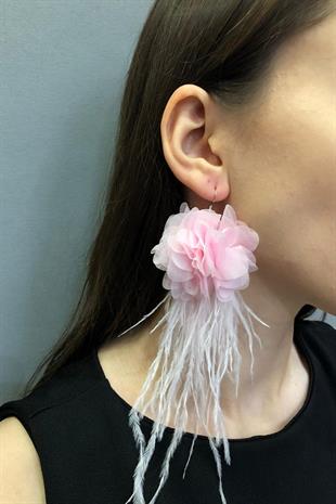 Toptan Pembe Renk Çiçekli Tüylü Küpe