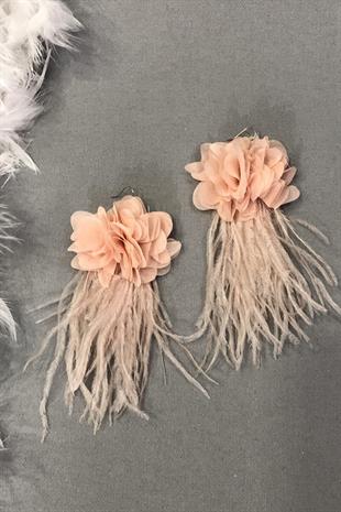 Toptan Pudra Çiçekli Tüylü Küpe