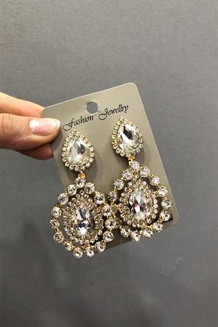 Toptan Şeffaf Beyaz Kristal Cam Taşlı Küpe