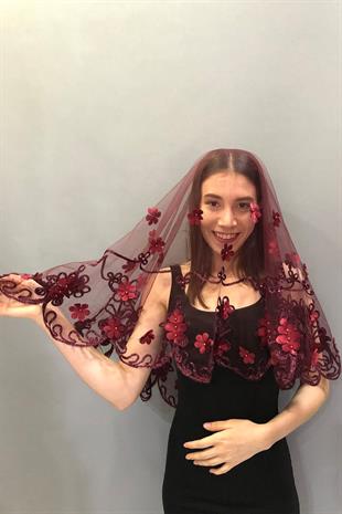 الجملة بريق الزهور بورجوندي الحجاب الزفاف الوجه