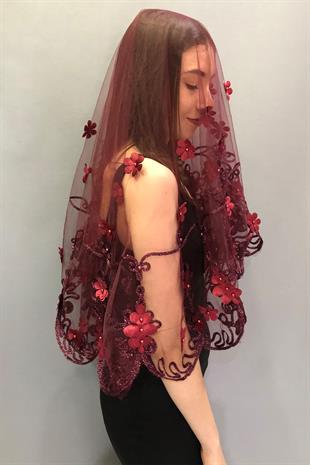 الجملة بريق الزهور بورجوندي الحجاب الزفاف الوجه