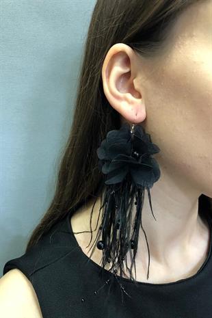 Toptan Siyah İncili Çiçekli Tüylü Küpe