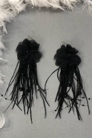 Toptan Siyah İncili Çiçekli Tüylü Küpe