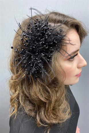 الجملة الكريستال الأسود مطرز والريش مقطع الشعر