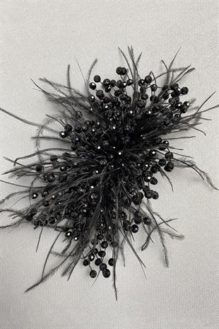 الجملة الكريستال الأسود مطرز والريش مقطع الشعر