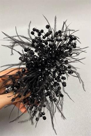 الجملة الكريستال الأسود مطرز والريش مقطع الشعر