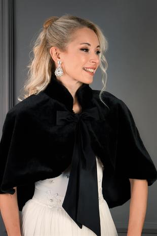 الجملة القوس الساتان الأسود الفراء وشاح بوليرو الزفاف