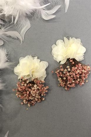 Toptan Somon Krem Kuru Çiçekli Küpe