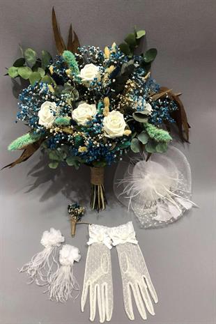 مجموعة ورد العروس مع الشيبسول الأزرق والورد المخملي الأبيض بالجملة