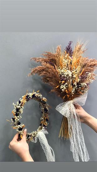 الجملة لون القهوة البرتقالية المجففة مجموعة باقة الزفاف