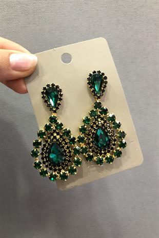 Toptan Yeşil Siyah Kristal Cam Taşlı Altın Sarısı Küpe