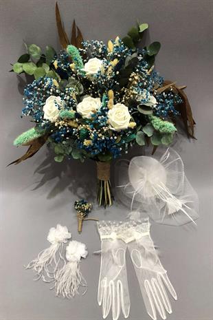 الجملة الأخضر والأزرق مختلطة الزهور المجففة باقة الزفاف الأفقية