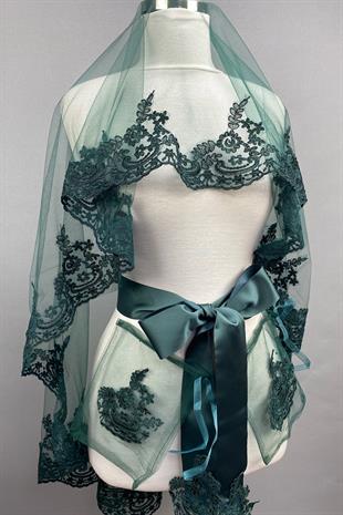 الجملة الأخضر فينوس الدانتيل الزفاف الحجاب الحناء غطاء الوجه