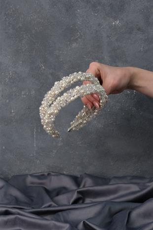 الجملة تصميم خاص صف مزدوج تاج الزفاف مع اللؤلؤ الكثيف