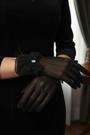 Wedding Gloves with Tulle Bow and Marquise Stone Details
