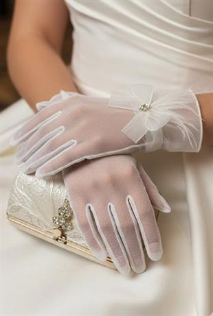 Tulle Bridal Gloves - Wedding Gloves with Tulle Bow and Marquise Stone Details