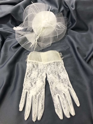 White Lace Gloves- Plain Voile Wedding Hat