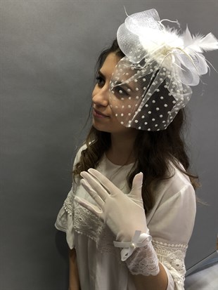 White Tulle Gloves- Polka Dot Voile Wedding Hat Face Veils