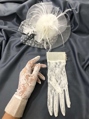 White Lace Floral Gloves-Potted Voilelet Wedding Hat