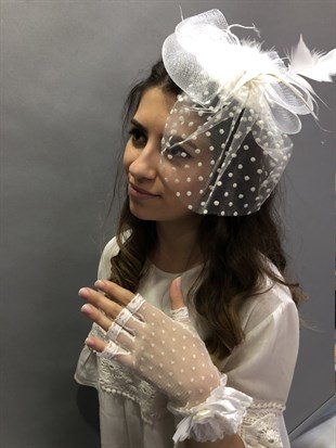 White Open Gloves- Polka Dot Voile Wedding Cap