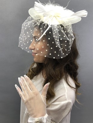 Cream Gloves-Vualet Wedding Cap Face Veils