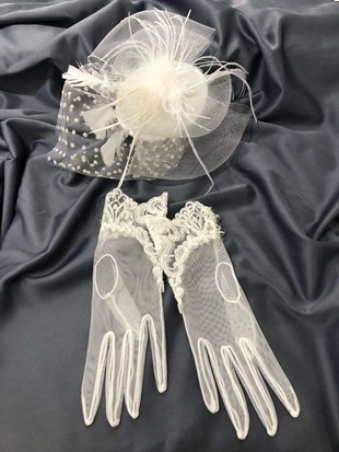 White Lace Gloves- Polka Dot Voile Wedding Hat Face Veils