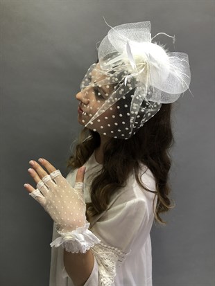 White Open Gloves- Polka Dot Voile Wedding Cap