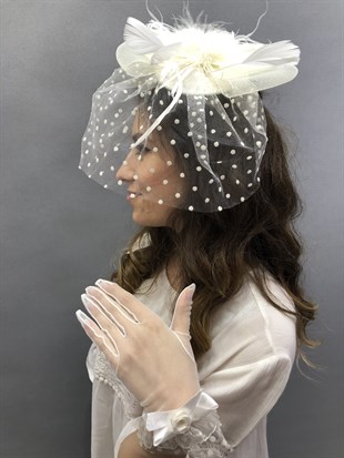 Cream Gloves-Vualet Wedding Cap Face Veils
