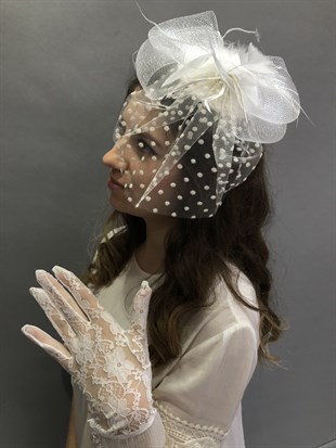 White Lace Floral Gloves-Potted Voilelet Wedding Hat