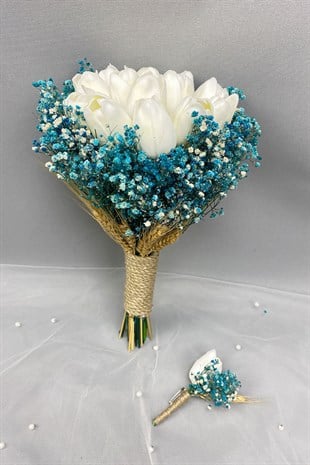 Wet White Tulip Bride Flower and Groom Boutonniere with Turquoise Gypsum