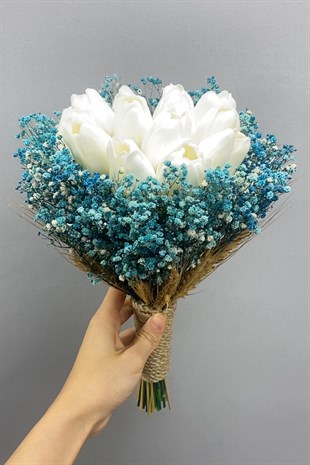 Wet White Tulip Bride Flower and Groom Boutonniere with Turquoise Gypsum