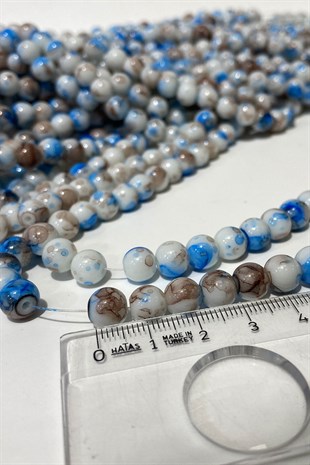 Turkuaz Desenli Dizi Cam Boncuk 8 mm