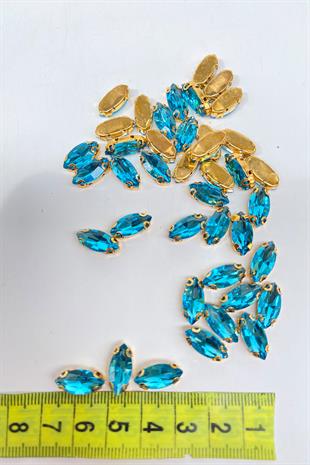 Turkuaz Gold Zeminli Dikme Parlak Cam Mekik Boncuk 10 Adet