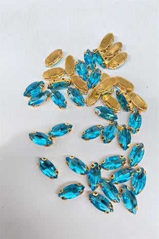 Turkuaz Gold Zeminli Dikme Parlak Cam Mekik Boncuk 10 Adet