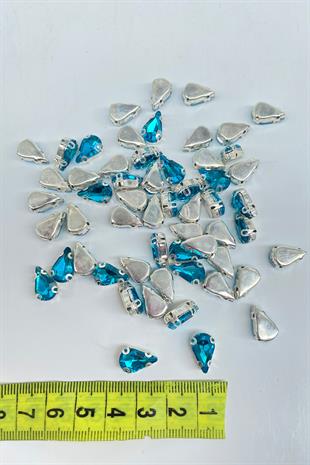 Turkuaz Kasalı Dikme Parlak Cam Damla Boncuk 10 Adet