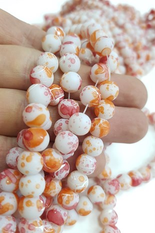 Turuncu-Beyaz Desenli Dizi Cam Boncuk