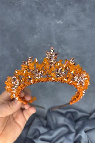 Turuncu Doğa Boncuklu Gelin Kına Tacı Gelin Saç Aksesuarı