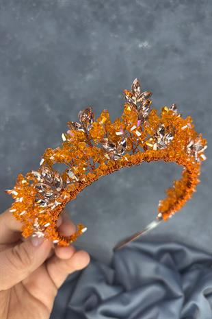Turuncu Doğa Boncuklu Gelin Kına Tacı Gelin Saç Aksesuarı