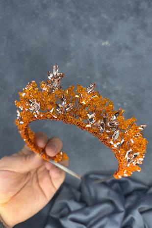 Turuncu Doğa Boncuklu Gelin Kına Tacı Gelin Saç Aksesuarı